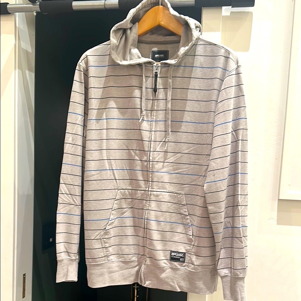 Ripcurl Gray / Blue Zip Up Hoodie Sweatshirt w/ Horizontal Stripes M Medium